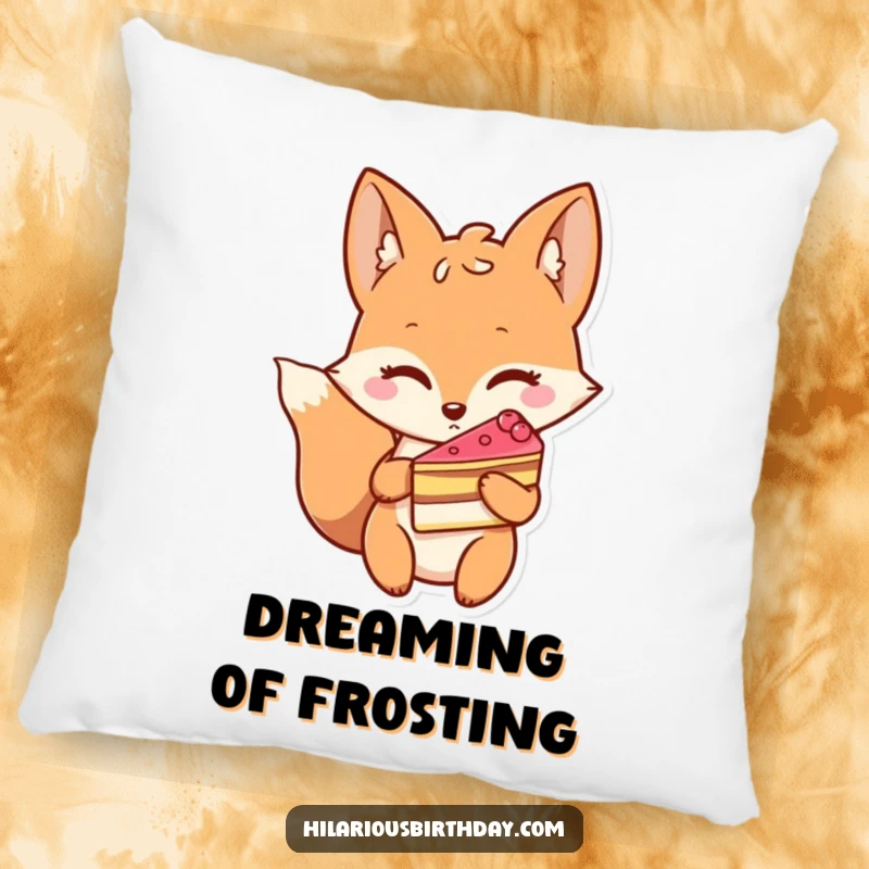 Funny pillow with a winking fox character holding a slice of cake, combining comfort with a playful, sweet theme.