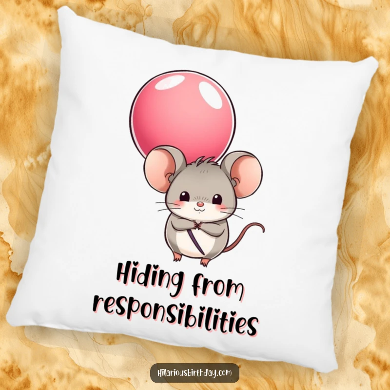 Funny pillow featuring a round mouse character hiding behind a colorful balloon, offering comfort and a touch of playful charm.