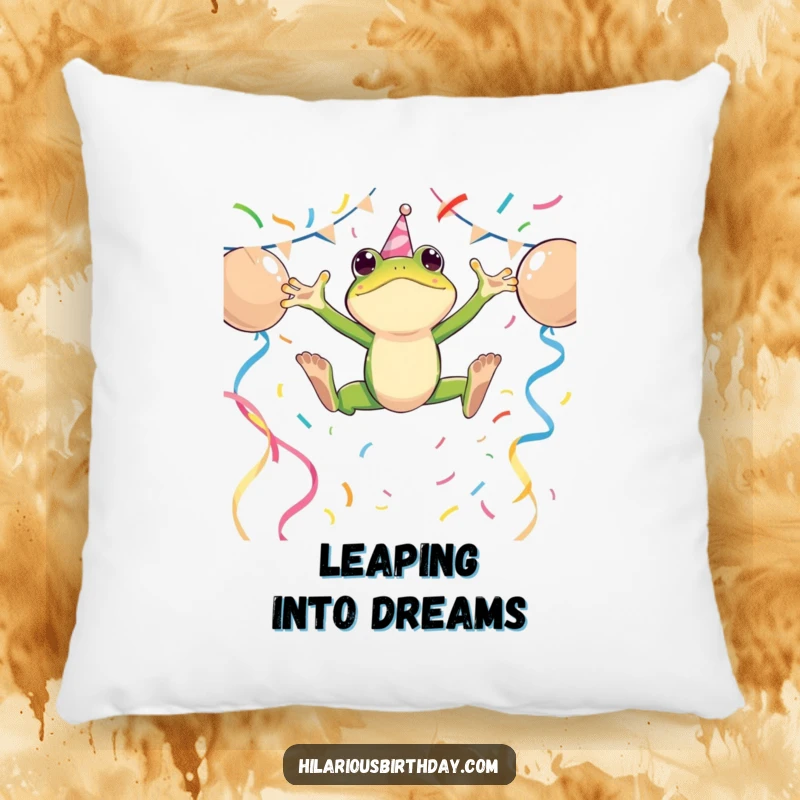 Funny pillow featuring an energetic frog character leaping over party streamers, offering comfort and a touch of festive energy.