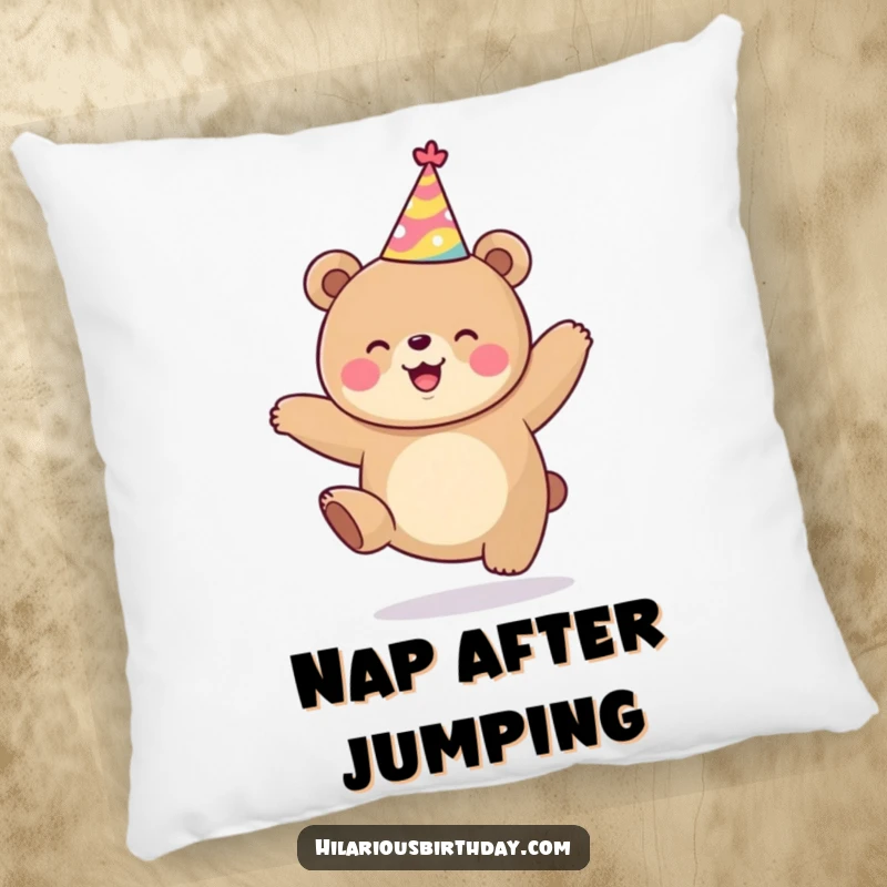 Funny kawaii bear wearing a party hat, jumping with excitement, a soft pillow, perfect funny gift for cozy vibes.