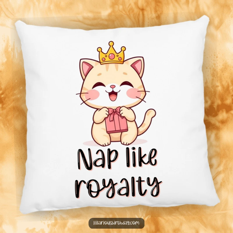 Funny pillow featuring a delighted cat character wearing a small crown and holding a gift bag.