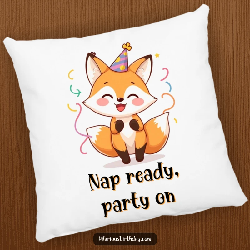 Funny Fox Party Pillow: Cheerful fox character in a party hat, twirling with streamers, adding comfort and humor.