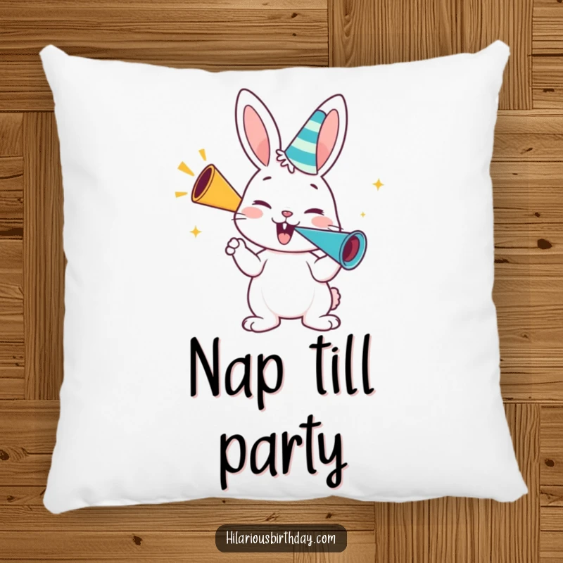 Funny bunny pillow, a happy bunny character blowing enthusiastically on a party horn, soft and cheerful.