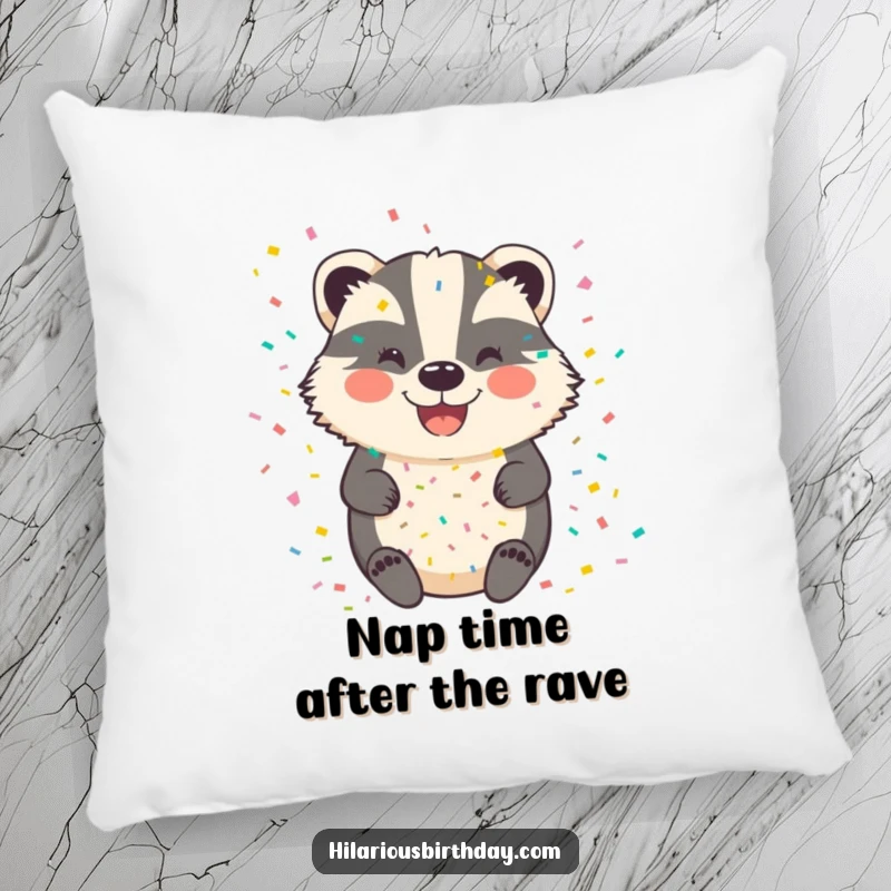 Funny badger pillow with a happy, smiling badger character completely covered in a festive shower of confetti.