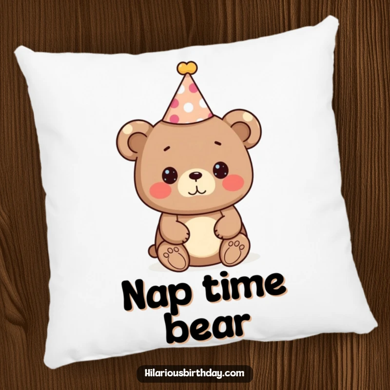 Funny bear pillow, a cute bear character wearing a festive party hat, ready to celebrate, soft and adorable.