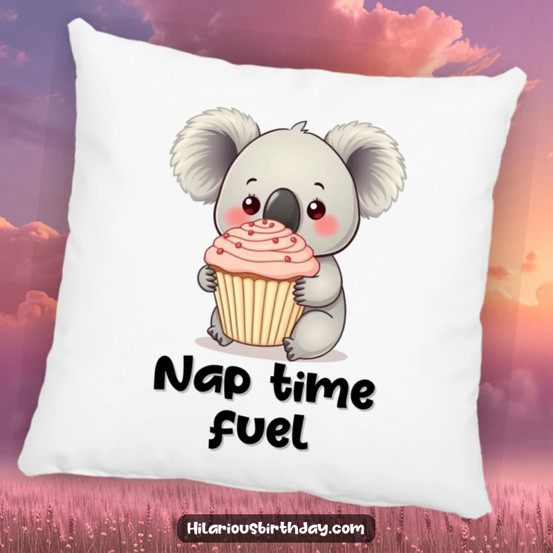 Funny koala holding a giant frosted cupcake on this pillow, offering cozy comfort and sweet charm.