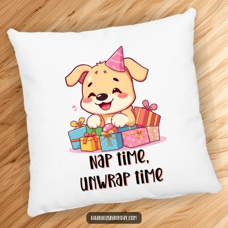 Funny kawaii dog pillow, a smiling dog resting near a pile of vibrant birthday presents, offering comfort and cheer.