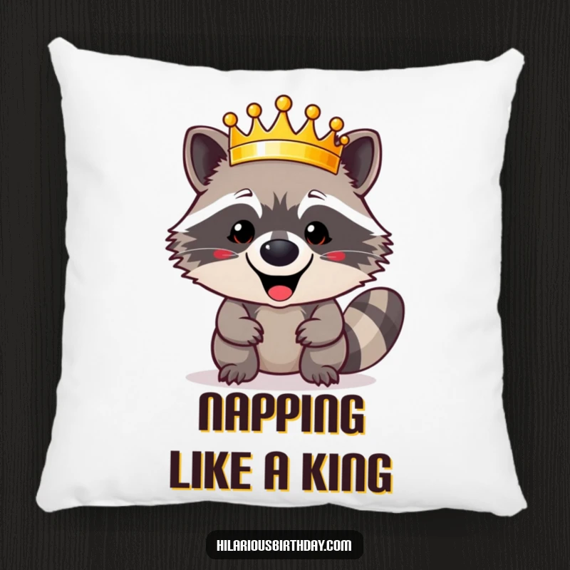 Funny happy raccoon character triumphantly wearing a shiny golden crown on this soft pillow, adding a touch of regal humor, perfect funny gift.