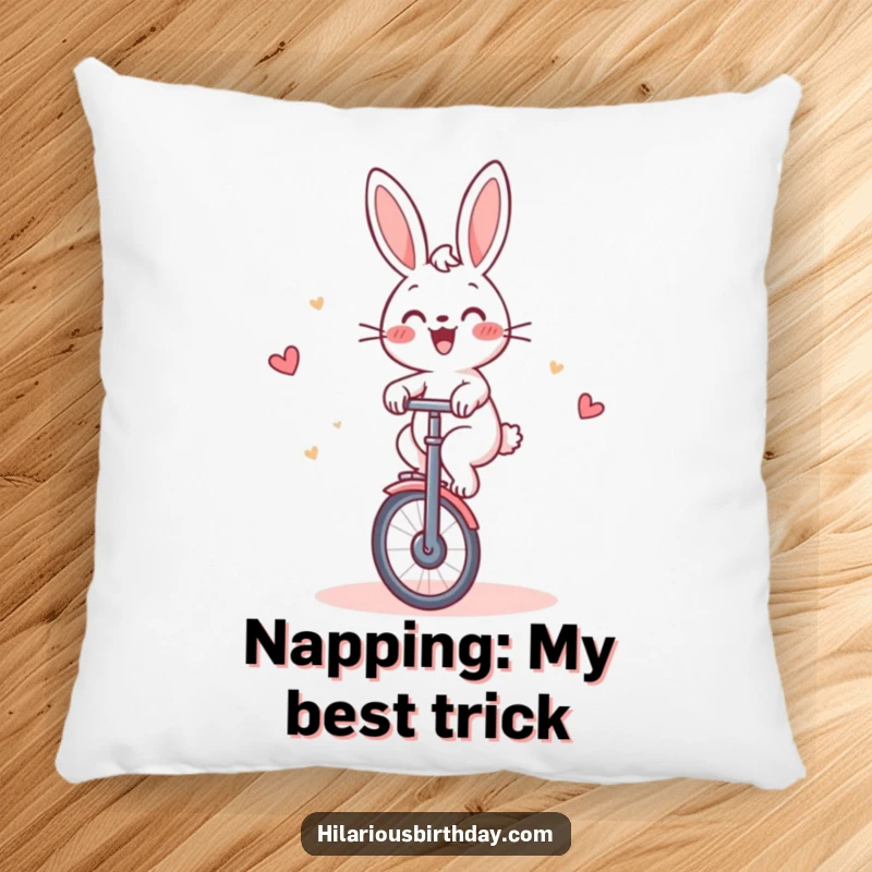 Funny Rabbit Pillow: Cheerful rabbit gleefully riding a unicycle around a cake, soft and humorous.