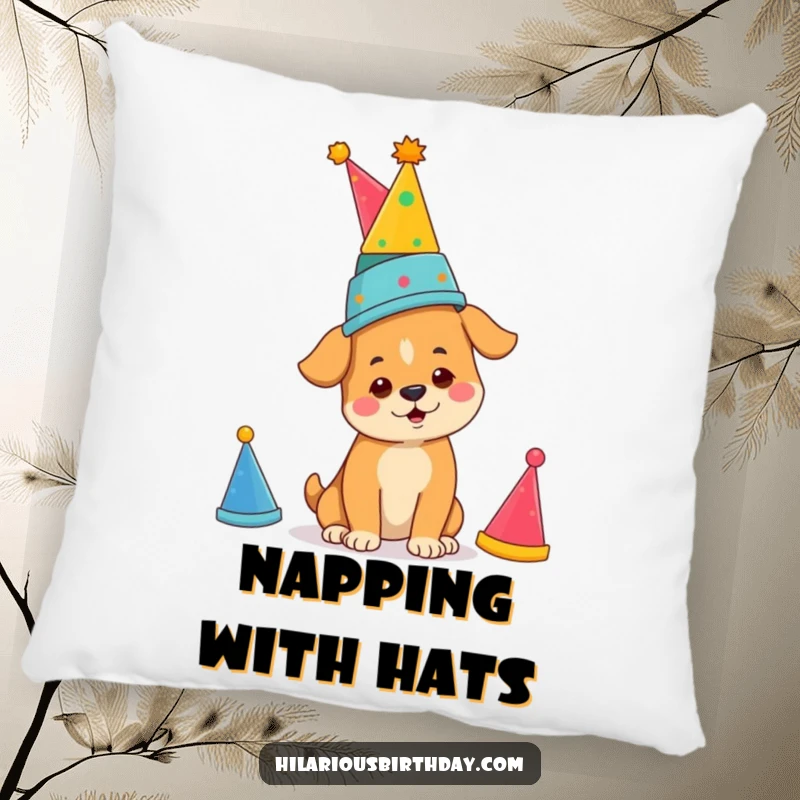 Funny determined dog balancing a stack of party hats, on a soft pillow, bringing funny, focused comfort.
