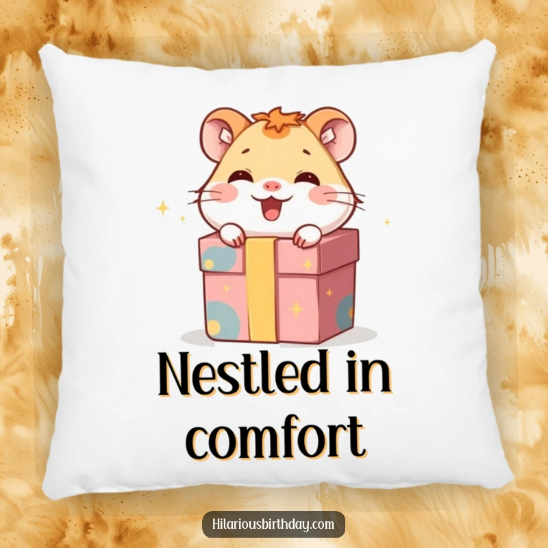 Funny pillow with a giggling hamster character hiding inside a gift box, combining comfort with a cute, surprising theme.