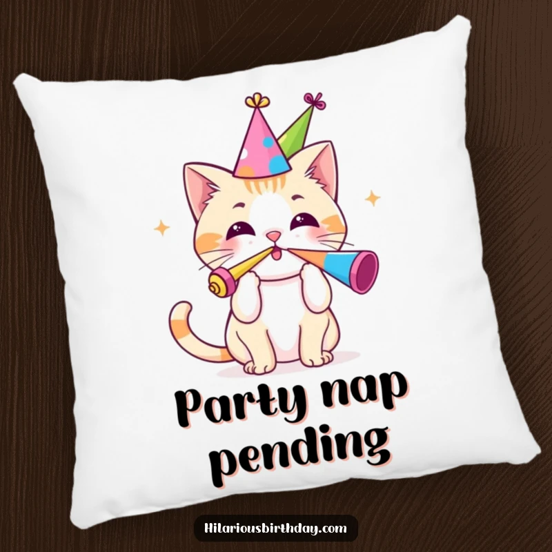 Funny pillow showcasing a cute Kawaii cat wearing a party hat and blowing a party horn, perfect for cozying up.