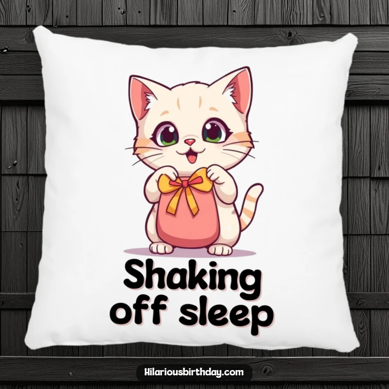 Funny kawaii cat pillow, a wide-eyed cat shaking a gift bag, offering comfort and a playful decorative element.