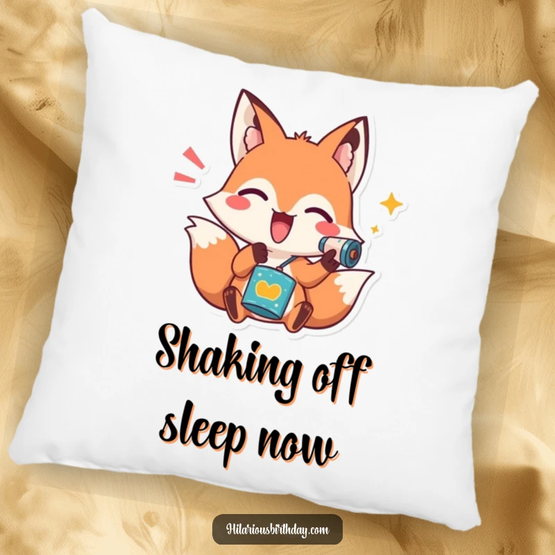 Funny pillow featuring a playful fox character shaking a noisemaker, offering comfort and a touch of festive energy.