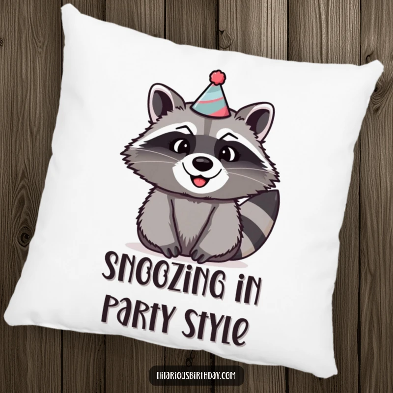 Funny raccoon pillow with a beaming raccoon wearing a silly, oversized party hat and a cheerful expression.