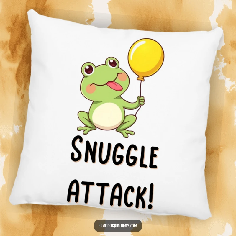 Funny pillow featuring a kawaii frog character happily popping a balloon with its tongue, offering comfort and a dose of comical fun.