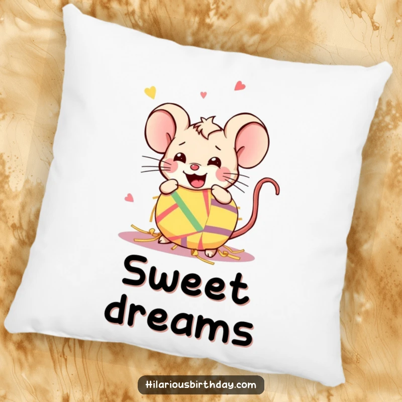 Funny Kawaii mouse smashing a piñata on a soft pillow, great for cozying up with humor.