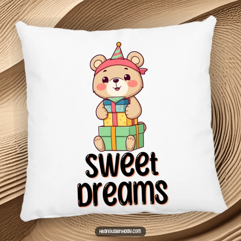 Funny pillow featuring a smiling bear in a birthday bandana, gleefully stacking colorful gift boxes, perfect for adding festive charm.