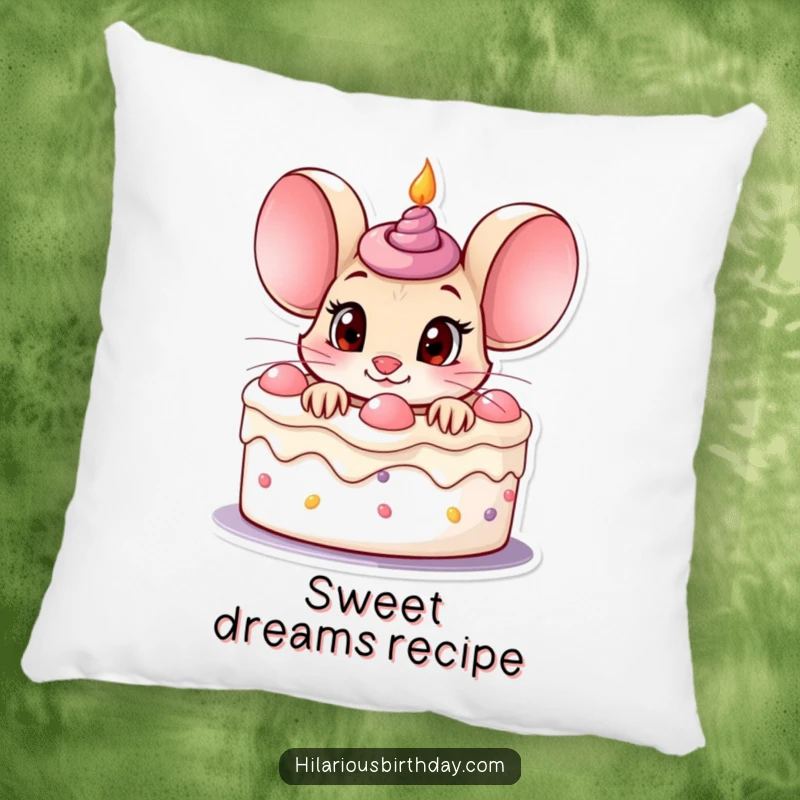 Funny curious mouse character peeking out of a birthday cake with wide eyes, printed on a soft pillow.