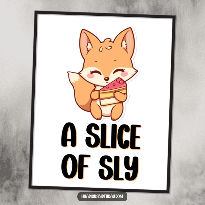 Funny digital art print of a winking fox character holding a slice of cake, perfect for adding playful charm.