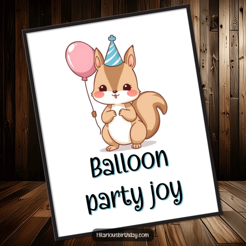 Funny kawaii squirrel wearing a party hat and holding a balloon, printable festive art, great funny gift.