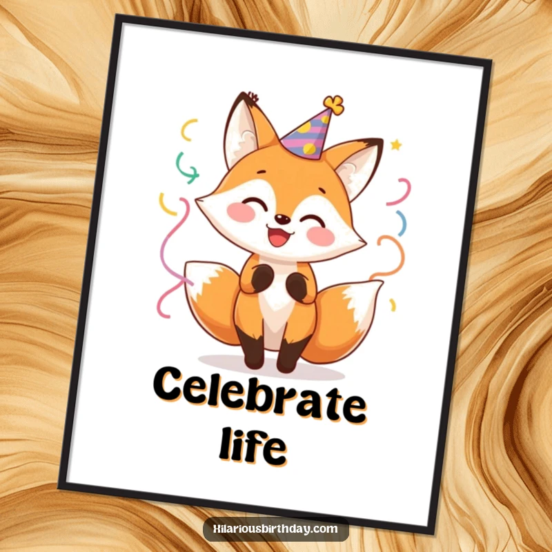 Funny Fox Party Digital Art Print: Cheerful fox character wearing a party hat, enthusiastically twirling with streamers, festive art.