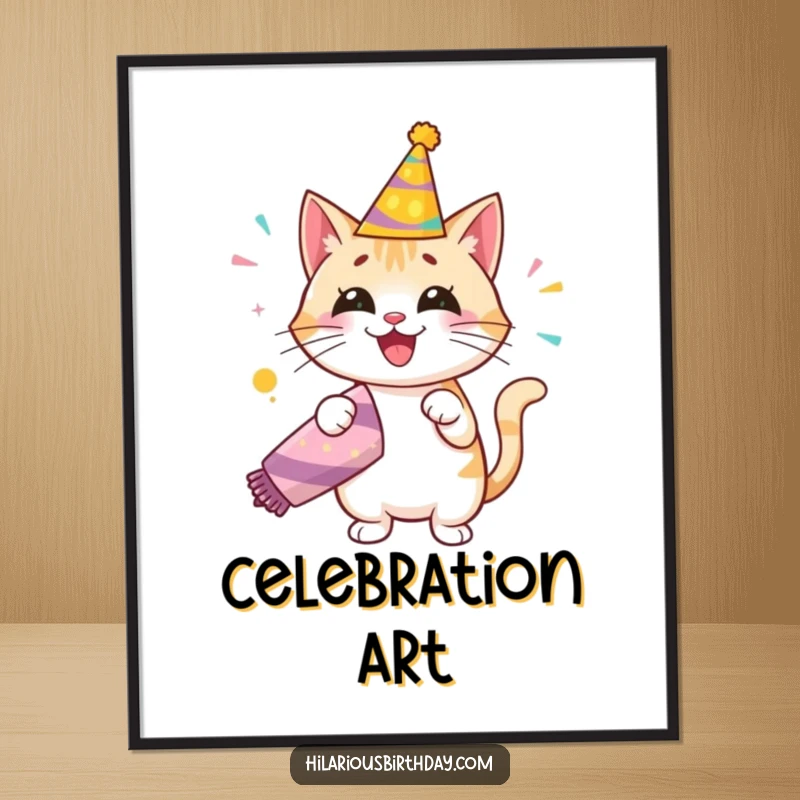 Funny digital art print of a happy cat in a birthday hat, enthusiastically popping a giant party popper, ready for printing.