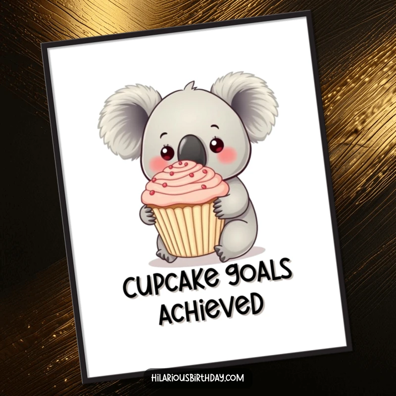 Funny curious koala holding a giant frosted cupcake, this digital art print is a celebration of sweet desires.