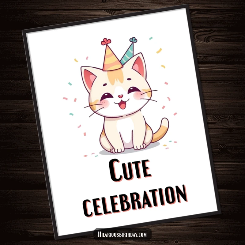 Funny Kawaii cat digital art print with a cute character in a party hat, joyfully tossing confetti, a humorous and downloadable artwork.