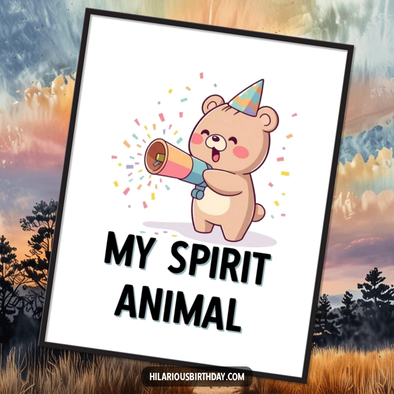 Funny kawaii bear character excitedly throwing confetti from a party cannon, available as a digital art print.