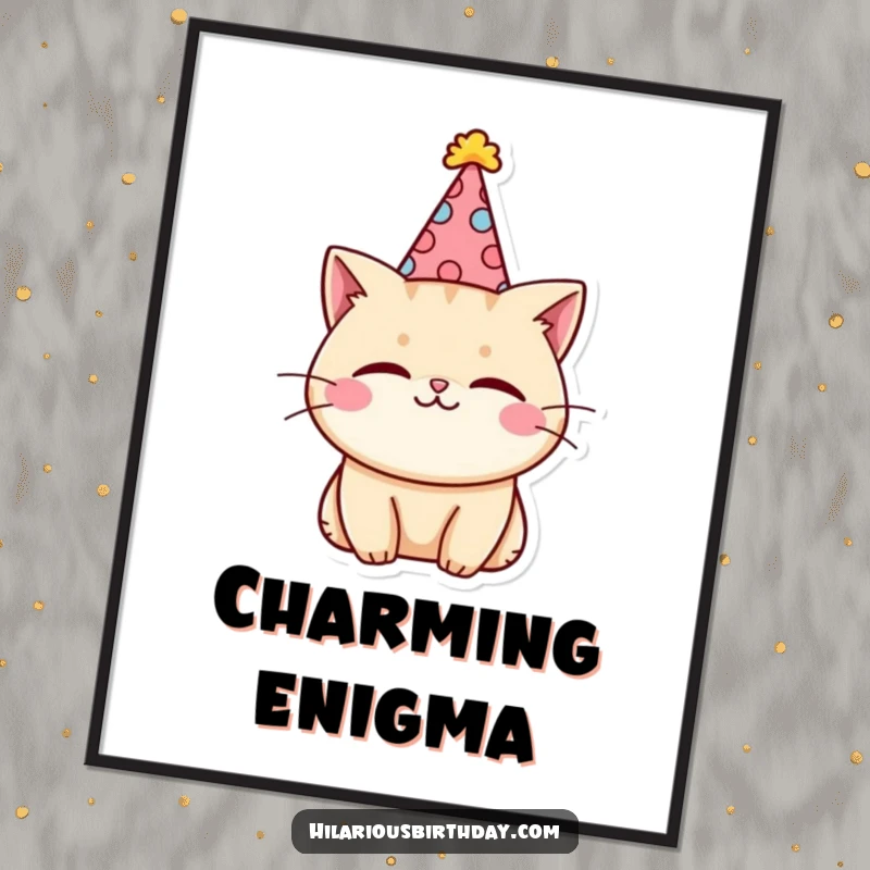 Funny kawaii cat character wearing a silly party hat and winking charmingly, available as a digital art print.