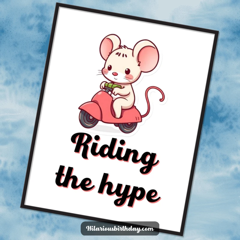 Funny kawaii mouse character riding a small, unwrapping gift, available as a digital art print.