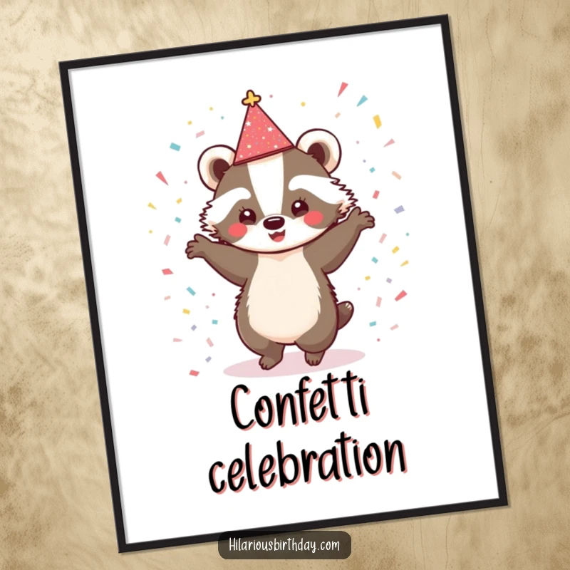 Funny digital art print of a cute badger wearing a sparkly hat, dancing enthusiastically amongst confetti, for instant decor.