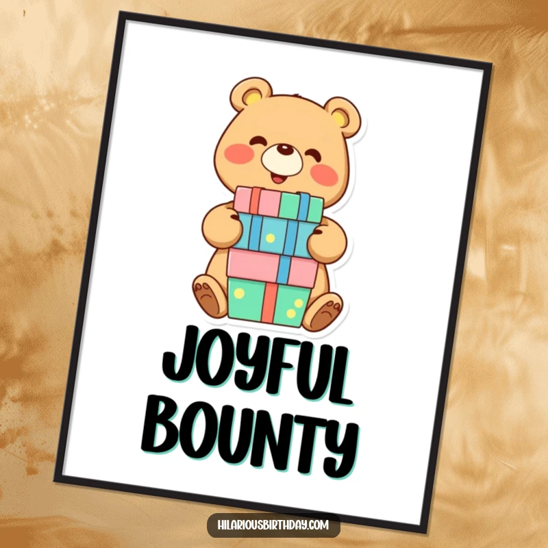 Funny bear digital art print with a smiling character joyfully balancing a stack of colorful presents, a humorous and downloadable artwork.