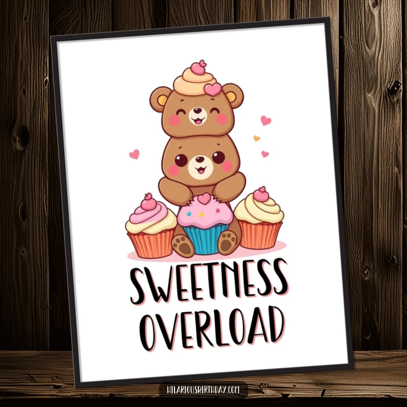 Funny bear digital art print of a cheerful bear character stacking brightly colored cupcakes, instantly downloadable.