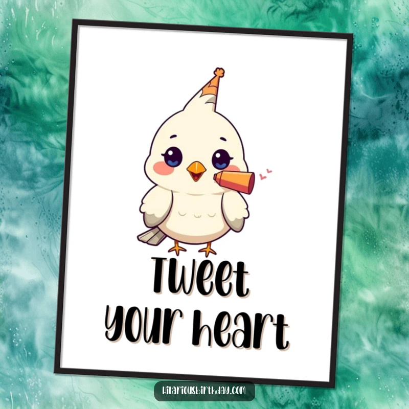 Funny digital art print of a kawaii bird character wearing a tiny party blower in its beak, perfect for instant, festive wall decor.