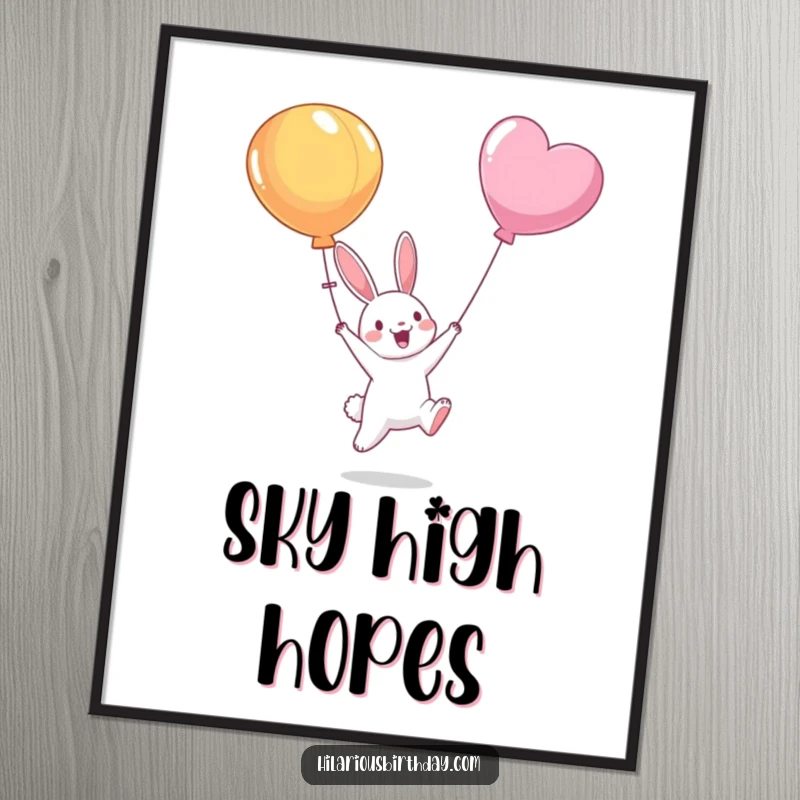 Funny digital art print of a happy bunny character in mid-jump, reaching for a floating balloon, symbolizing joy and reaching for dreams.