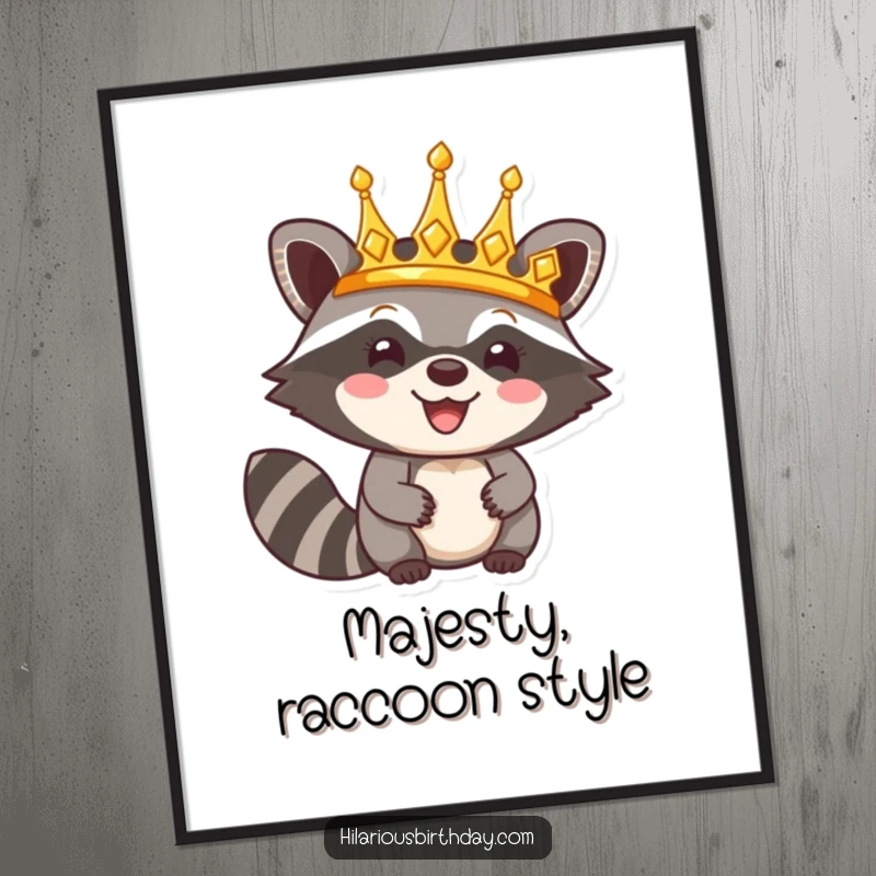 Funny digital art print of a happy raccoon character triumphantly wearing a shiny golden crown, conveying playful royalty and humor.