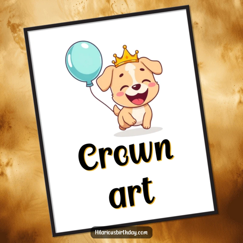 Funny digital art print of a giggling dog wearing a crown, joyfully chasing a floating balloon, ready for printing and framing.
