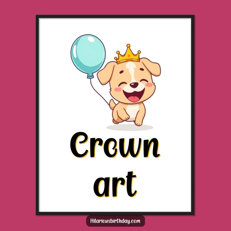 Funny Dog Crown Digital Art Print: Giggling Pup Balloon Chase Art