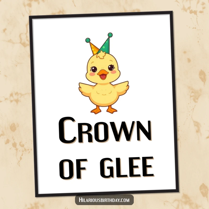 Funny delighted duckling wearing a party crown, quacking joyfully, this digital art print radiates celebratory energy.