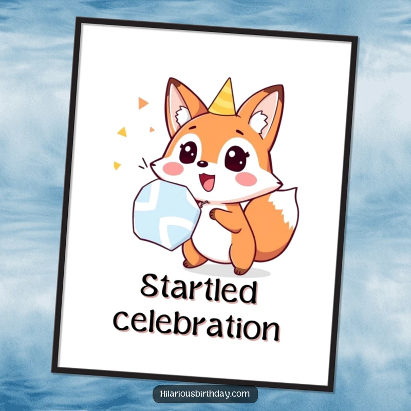 Funny fox popping a party popper with surprise, as a digital art download, perfect for adding funny, exciting decor.