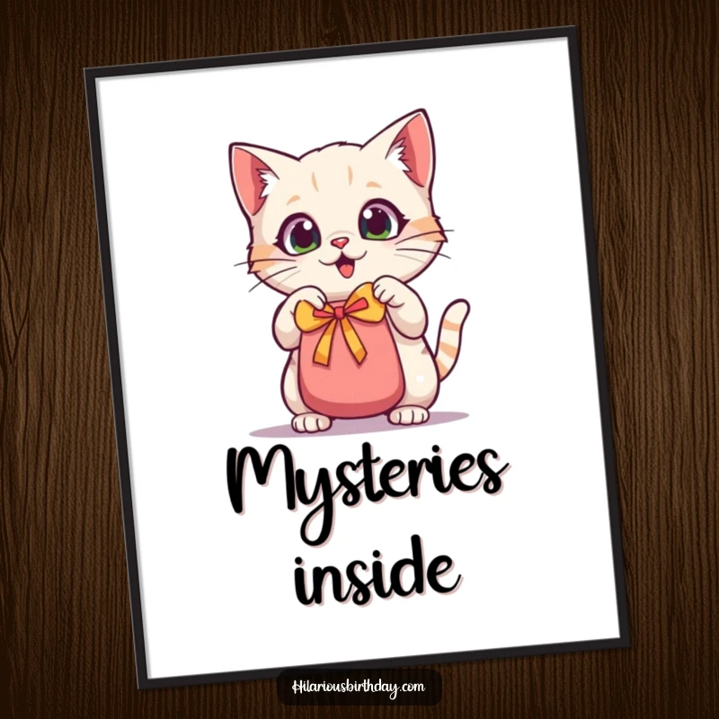 Funny kawaii cat digital art print, a wide-eyed cat excitedly shaking a gift bag, downloadable art full of anticipation.