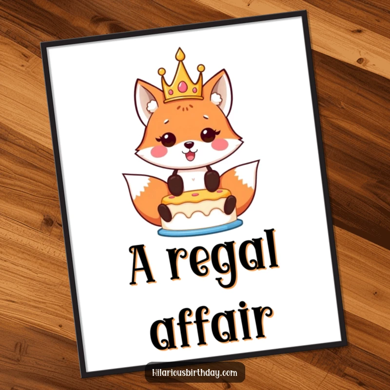 Funny Kawaii Fox Birthday Digital Art Print of a crowned kawaii fox proudly holding a birthday cake aloft, bringing instant festive royalty.