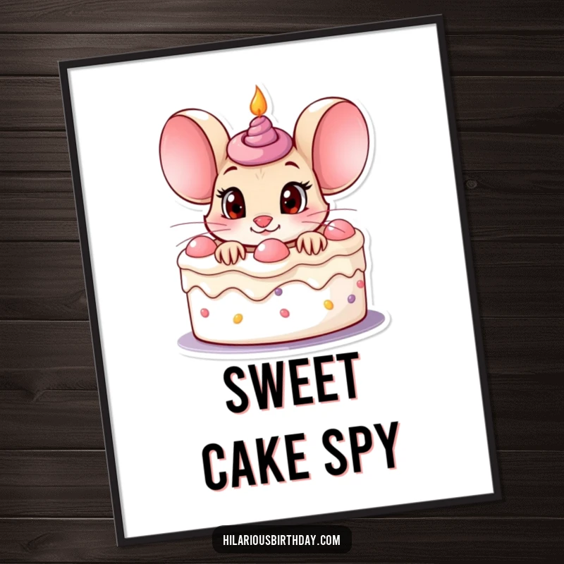 Funny curious mouse character peeking out of a birthday cake with wide eyes, as a digital art print.