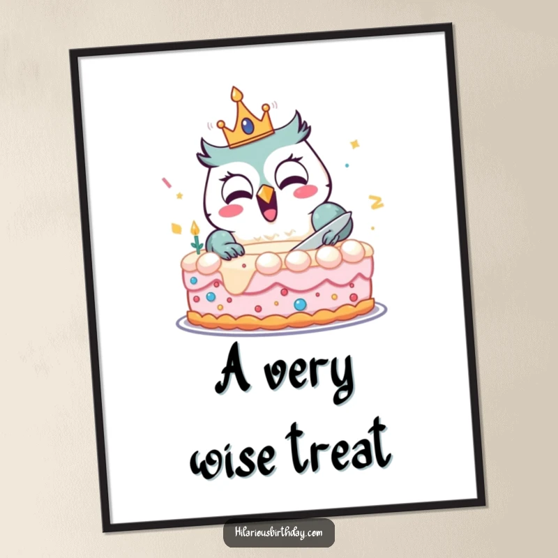 Funny digital art print of a delighted owl wearing a birthday crown, joyfully cutting a comically large cake, for instant decor.