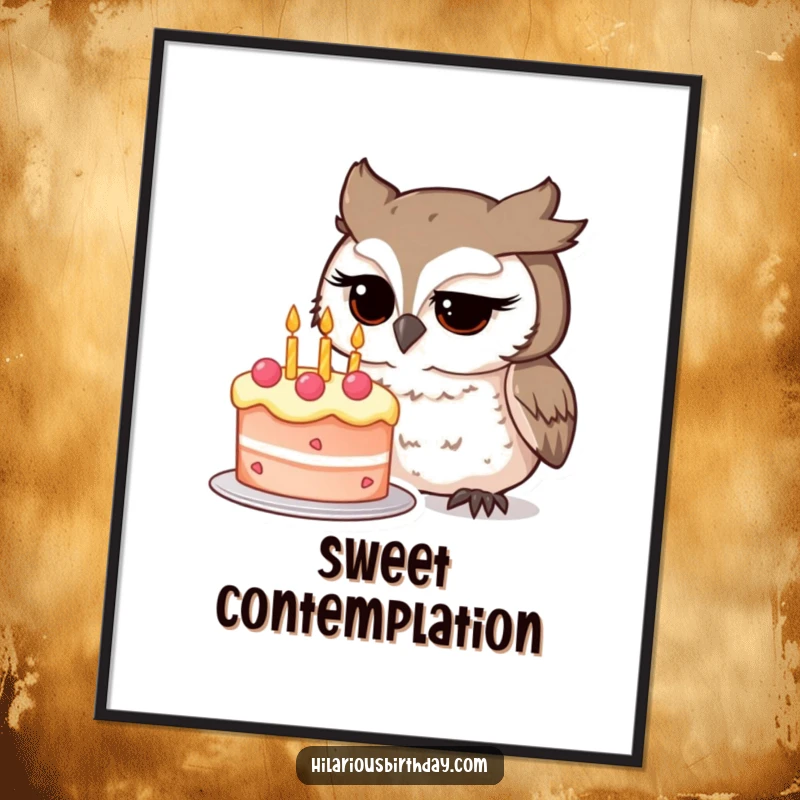 Funny owl character intently studying a whimsical birthday cake on this vibrant digital art print, radiating curious charm, perfect funny gift.