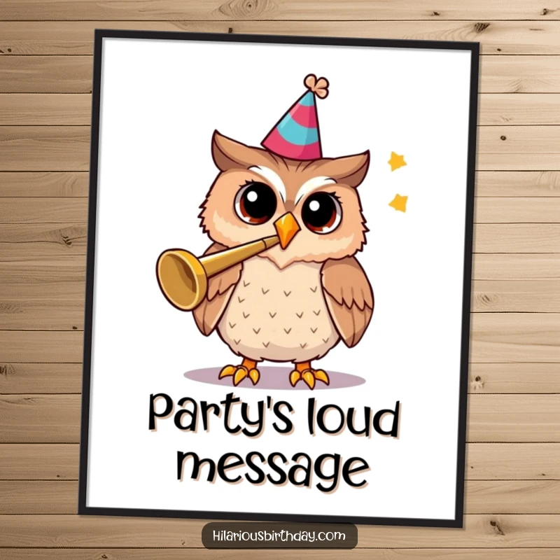 Funny digital art print of a cheerful owl wearing a party hat and playing a trumpet.