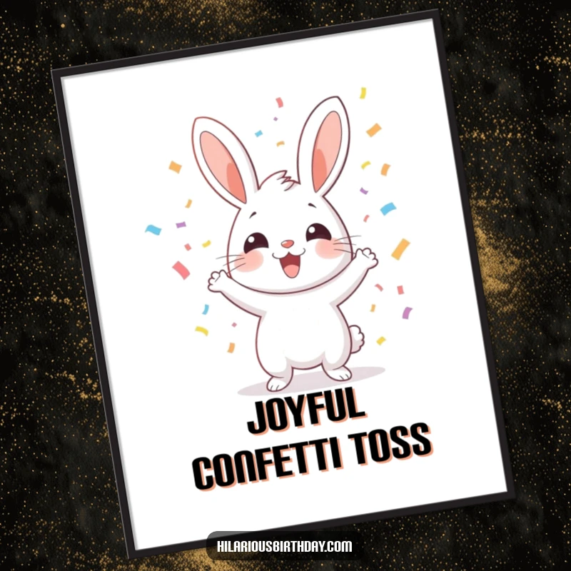 Funny cheerful rabbit enthusiastically tossing confetti, as a digital art download, perfect for adding funny, joyful decor.