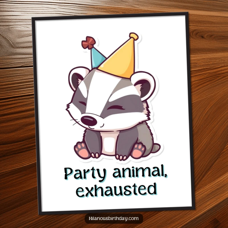 Funny sleepy badger digital art print, showing a tired badger in a party hat, radiating cozy humor.